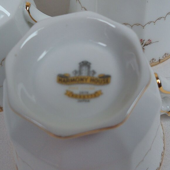 Lot of 3 Harmony House Rosette Fine China White Cup Octagonal Tan Scroll & Band - Picture 7 of 7